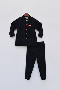 Boys Black Bandgala With Mirror Embroidery Buttons