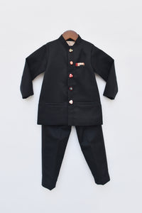 Boys Black Bandgala With Mirror Embroidery Buttons