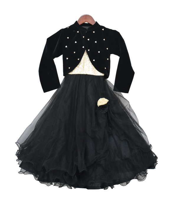 Girls Black Net Gown With Shrug