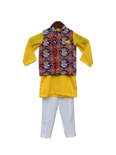 Load image into Gallery viewer, Boys Blue Patola Nehru Jacket With Kurta & Pant