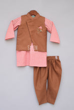 Load image into Gallery viewer, Boys Brown Nehru Jacket With Printed Kurta And Churidar