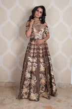 Load image into Gallery viewer, Brown Off Shoulder Gown With Gota And Zari Work