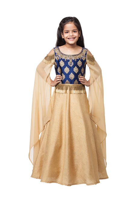 Girls Gold And Blue Gown With Embroidery In Dabka And Tasseled Beads