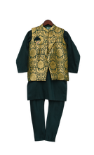 Load image into Gallery viewer, Boys Green Brocade Nehru Jacket With Kurta & Churidar