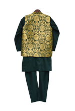 Load image into Gallery viewer, Boys Green Brocade Nehru Jacket With Kurta & Churidar