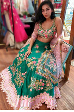 Load image into Gallery viewer, Green Pink 3D Flower Lehanga