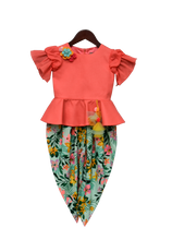 Load image into Gallery viewer, Girls Light Peach Peplum Top With Printed Dhoti