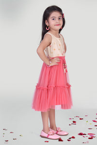 Girls White And Coral Net Party Dress For Girls