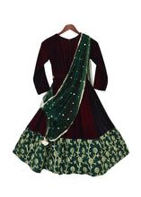 Load image into Gallery viewer, Girls Maroon Velvet Anarkali With Green Border