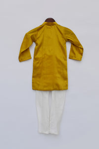 Boys Off White Embroidery Nehru Jacket With Mustard Yellow Kurta And Chudidar