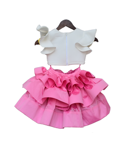 Girls Off White Unicorn Top With Pink Skirt