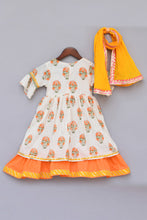 Load image into Gallery viewer, Girls Offwhite Flower Print Anarkali With Yellow Dupatta