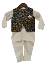 Load image into Gallery viewer, Boys Offwhite Kurta With Geometric Nehru Jacket & Churidaar