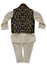 Load image into Gallery viewer, Boys Offwhite Kurta With Geometric Nehru Jacket & Churidaar