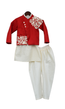 Load image into Gallery viewer, Boys Offwhite Kurta With Red Jacket & Churidar