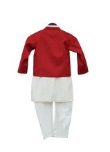 Load image into Gallery viewer, Boys Offwhite Kurta With Red Jacket & Churidar