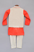 Load image into Gallery viewer, Boys Offwhite Printed Nehru Jacket With Kurta & Churidar
