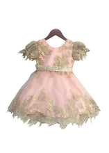 Load image into Gallery viewer, Girls Pastel Pink Frock With Floral Patterened Golden Net