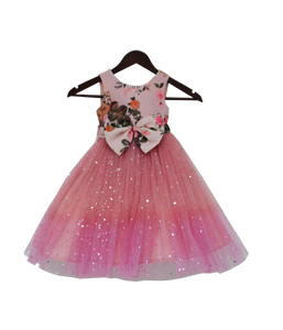 Girls Peach Floral Yoke With Shimmer Net Flair Gown