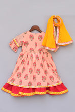 Load image into Gallery viewer, Girls Peach Flower Print Anarkali With Yellow Dupatta