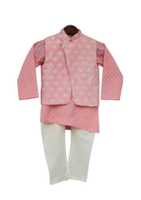 Load image into Gallery viewer, Boys Peach Printed Kurta With Nehru Jacket & Churidar