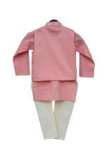 Load image into Gallery viewer, Boys Peach Printed Kurta With Nehru Jacket & Churidar