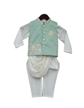 Load image into Gallery viewer, Boys Pista Green Embroidery Nehrujacket With Kurta & Churidar