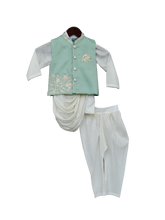 Load image into Gallery viewer, Boys Pista Green Embroidery Nehrujacket With Kurta & Churidar