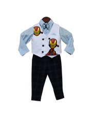 Load image into Gallery viewer, Boys Powder Blue Shirt With Black Check Pant & White Iron Man Print Waist Coat