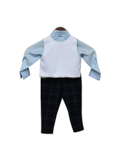 Load image into Gallery viewer, Boys Powder Blue Shirt With Black Check Pant & White Iron Man Print Waist Coat