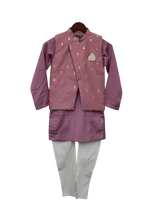 Load image into Gallery viewer, Boys Purple Foil Printed Nehru Jacket With Kurta & Churidar