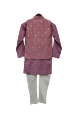Load image into Gallery viewer, Boys Purple Foil Printed Nehru Jacket With Kurta & Churidar