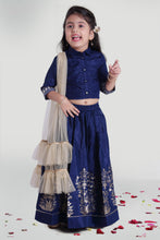 Load image into Gallery viewer, Girls Blue Gather Skirt And Choli Set With Dupatta
