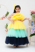 Load image into Gallery viewer, Girls Yellow Aqua And Blue Frill Gown