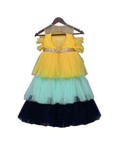 Girls Yellow Aqua And Blue Frill Gown
