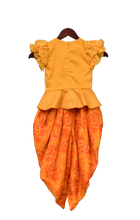 Load image into Gallery viewer, Girls Yellow Chanderi Boti Peplum Top With Dhoti