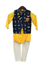 Load image into Gallery viewer, Boys Yellow Cowl Kurta With Printed Nehru Jacket Set