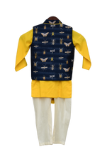 Load image into Gallery viewer, Boys Yellow Cowl Kurta With Printed Nehru Jacket Set