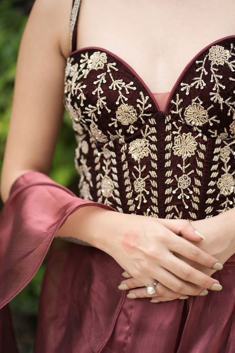 Maroon Corset with Lehnga