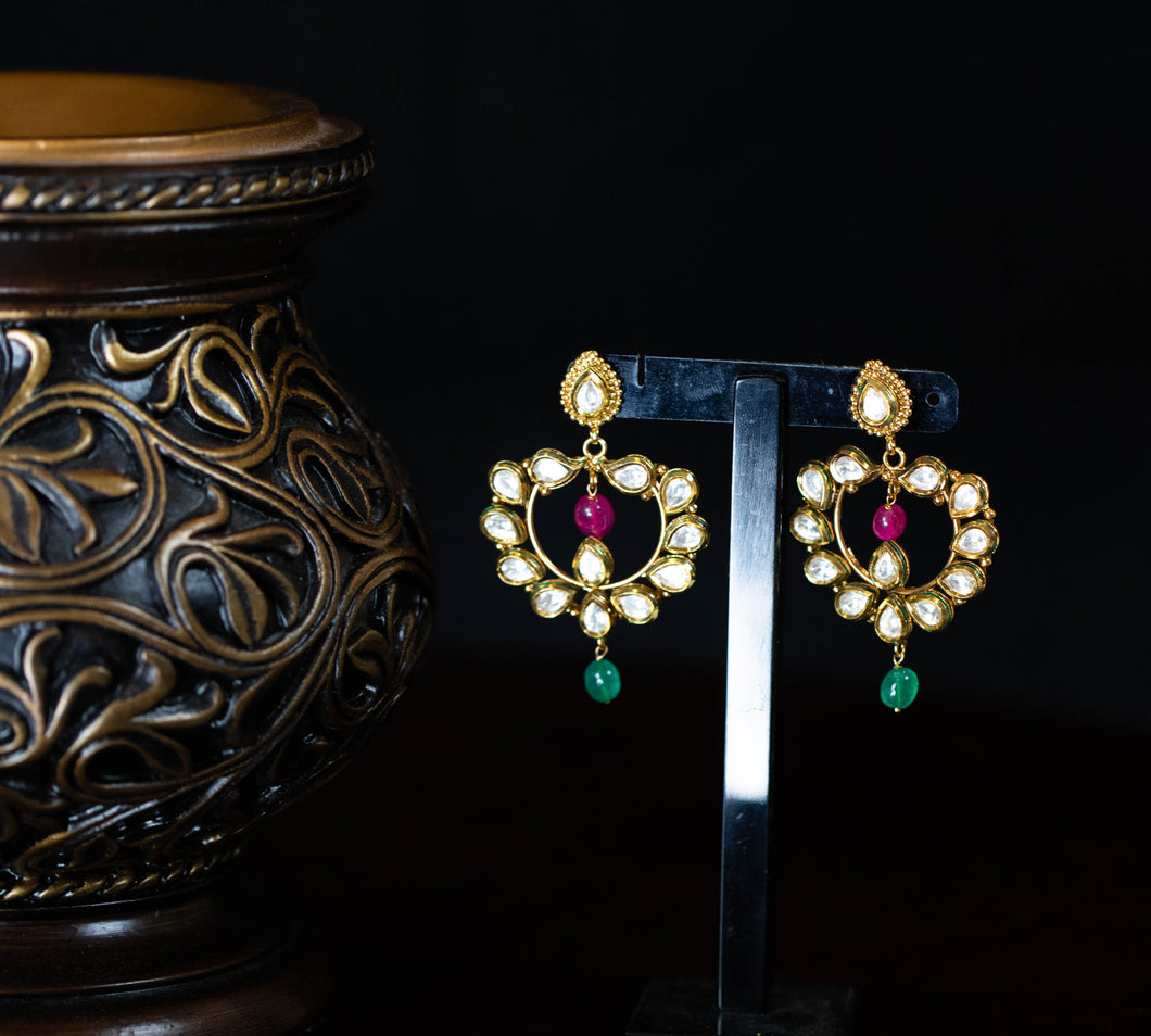 Kundan Chandbali With Pink And Green Drop Earrings