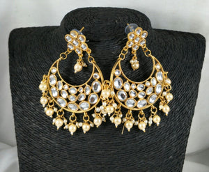 Lightweight Kundan Polki Chandbalis With White Bead Drops