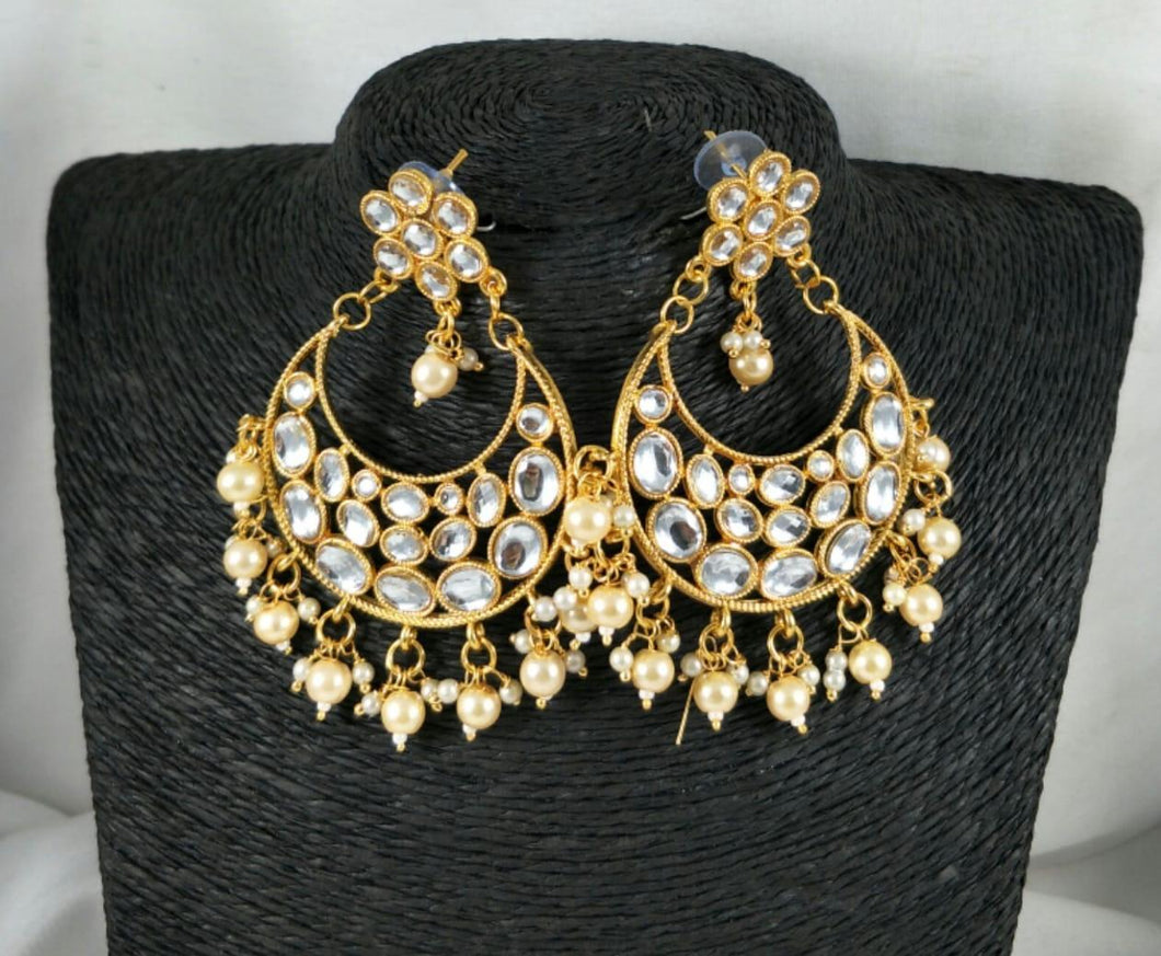 Lightweight Kundan Polki Chandbalis With White Bead Drops