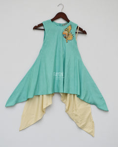 Girls Aqua Blue Kurti With Patch On Shoulder & Dhoti