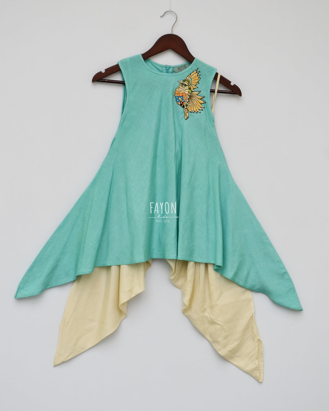 Girls Aqua Blue Kurti With Patch On Shoulder & Dhoti