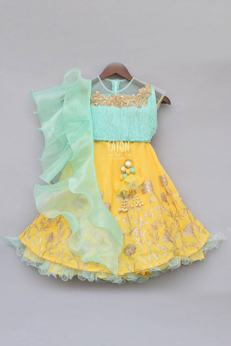 Girls Aqua Blue Tassel Top With Yellow Gota Lehenga