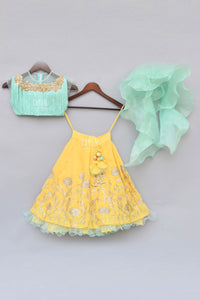 Girls Aqua Blue Tassel Top With Yellow Gota Lehenga