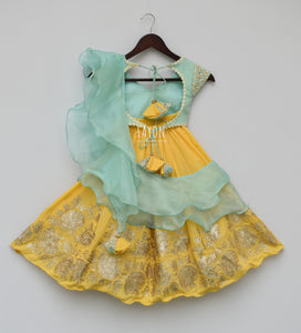 Girls Aqua Thread Embroidery Choli With Yellow Gotta Lehenga