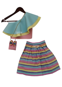 Girls Aqua & Yellow Crop Top With Skirt