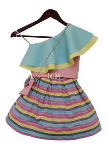 Girls Aqua & Yellow Crop Top With Skirt