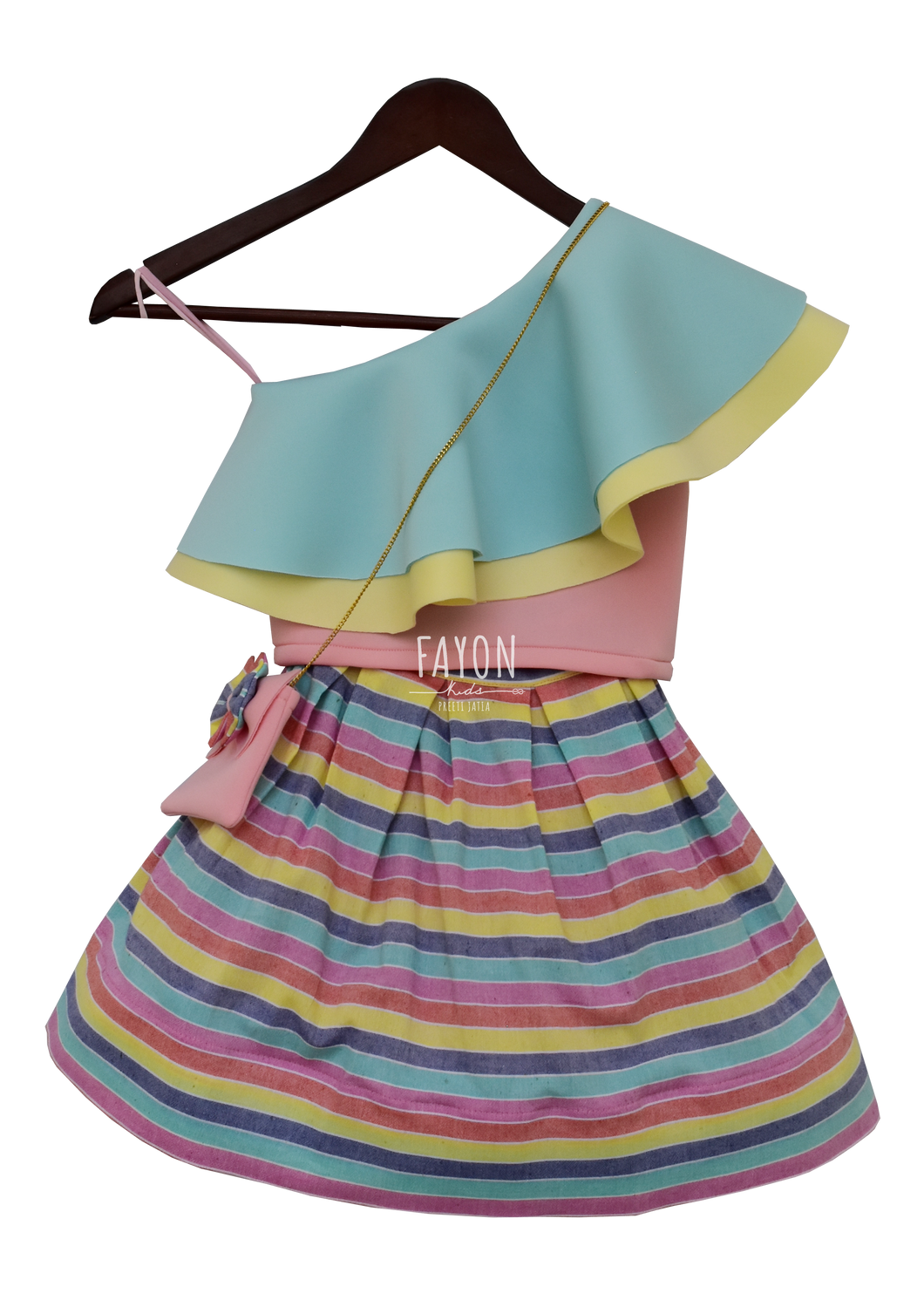 Girls Aqua & Yellow Crop Top With Skirt